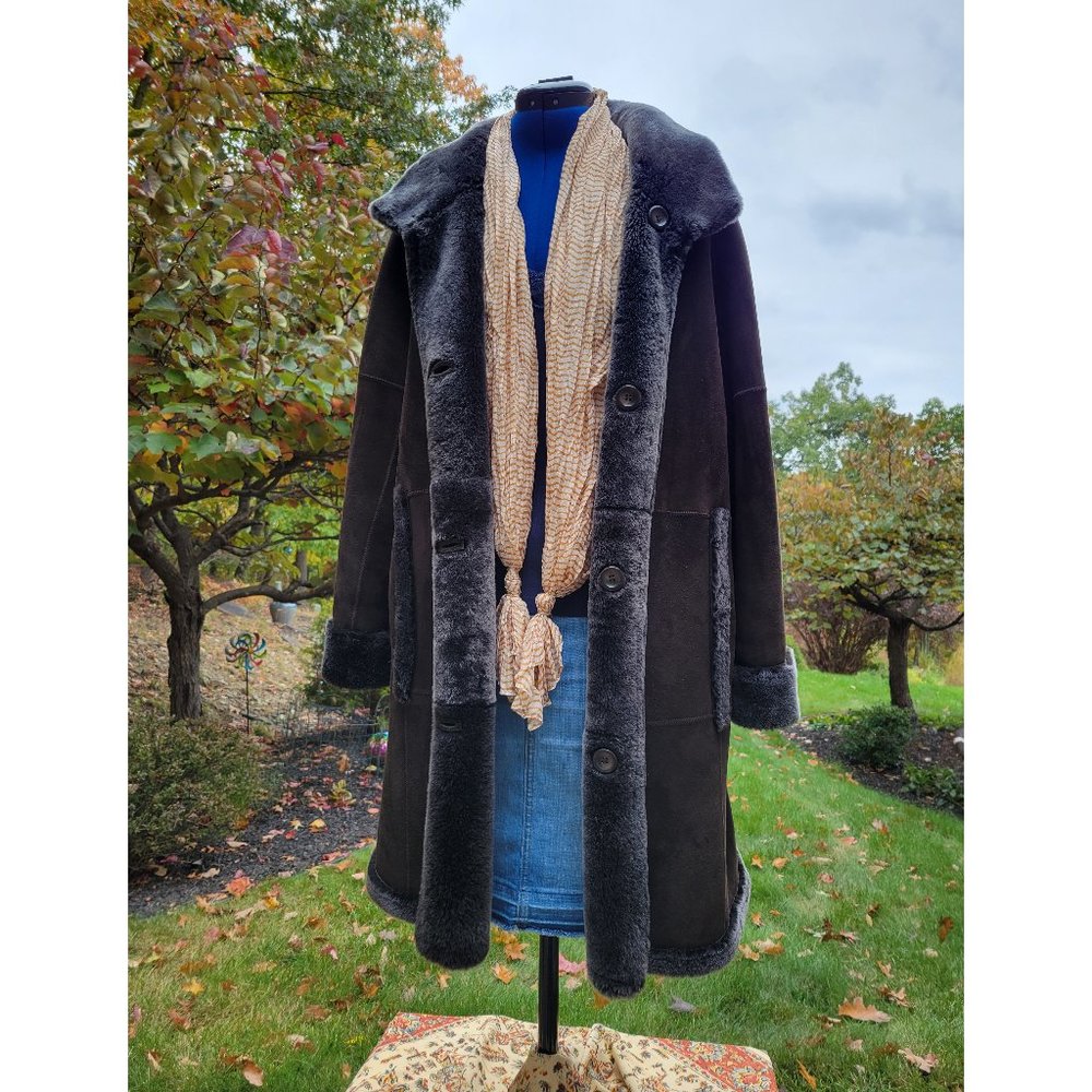 Genuine shearling rich brown reversible mid-length women's coat by Autunno